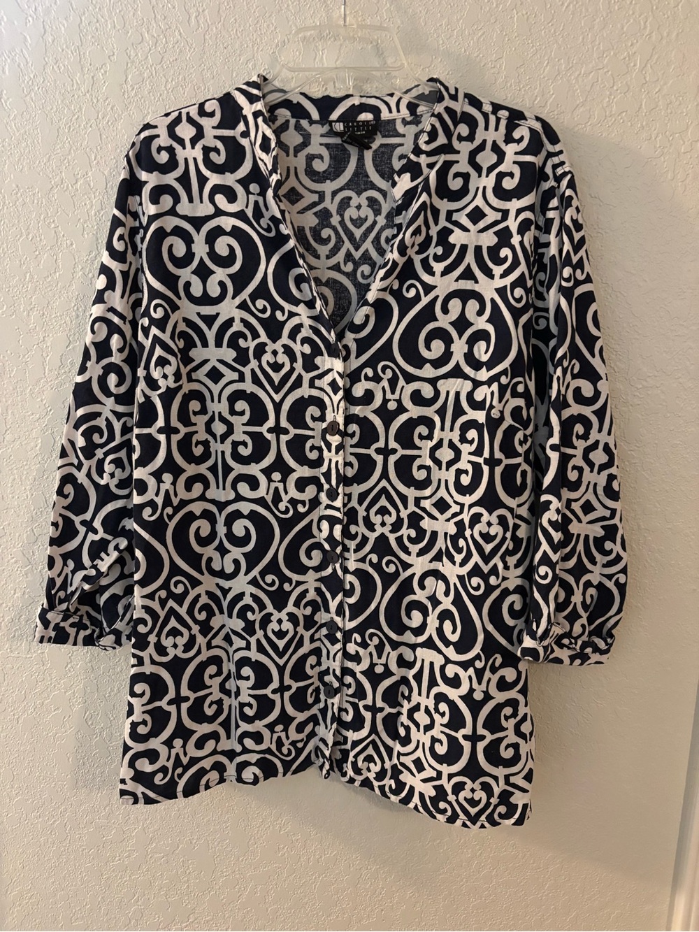 Blue & White Geometric Print Button-Front Women's Top 2X Carole Little